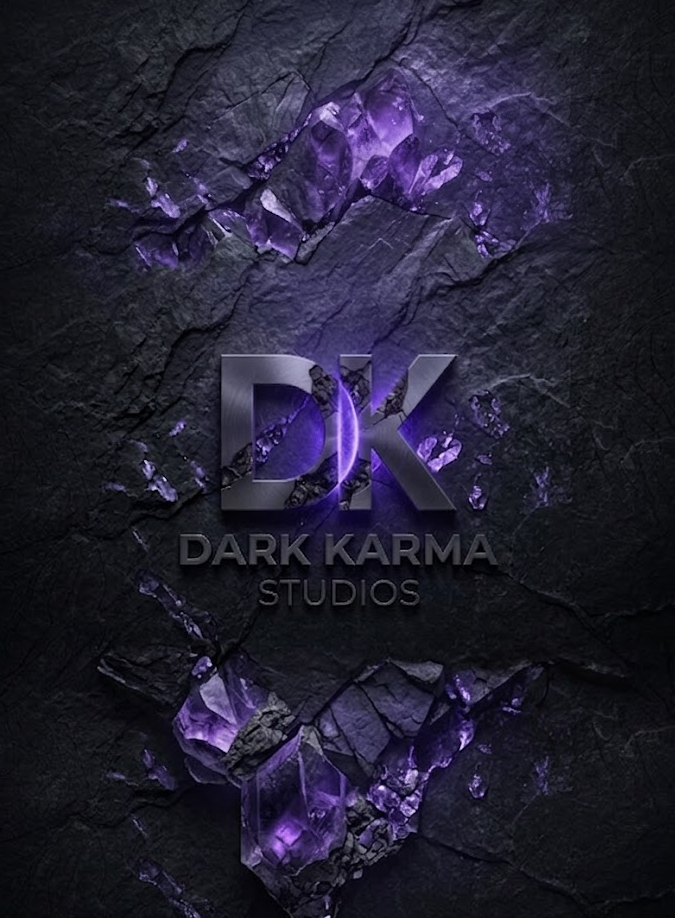 Dark Karma Studios logo on dark stone with purple glow